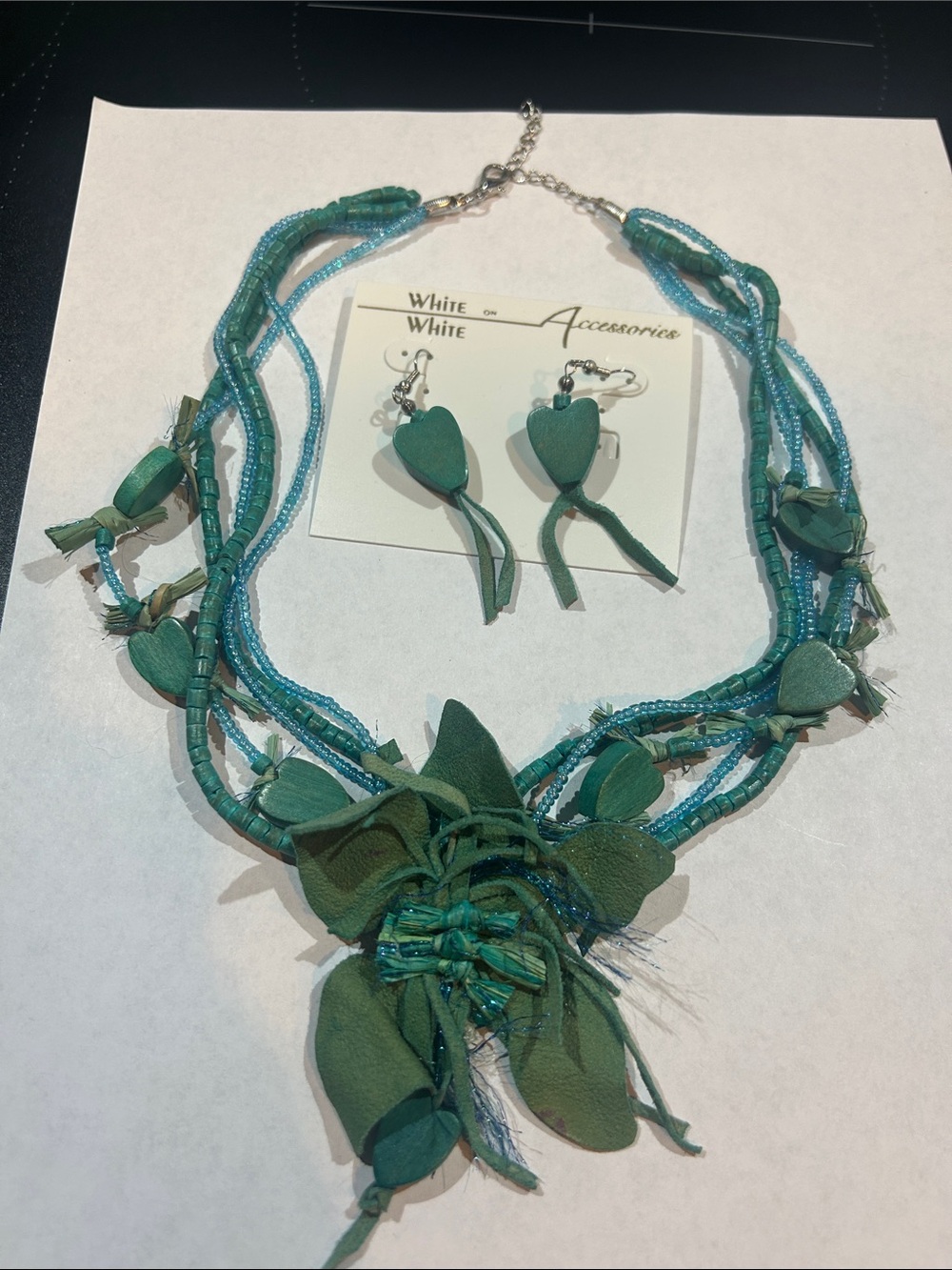 Green Layered Floral Strand Necklace with Matching Earrings